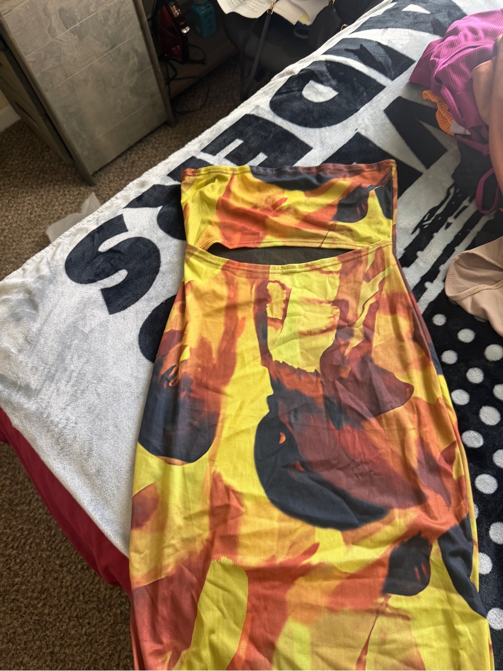 Yellow Orange Abstract Print Strapless Midi dress